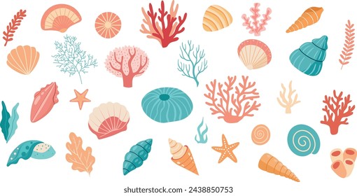 Coral set. Ocean plants, underwater flora, seaweed. Aquatic plant, algae, tropical seabed elements vector set