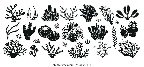 Coral set. Underwater sea coral reef and seaweeds black silhouettes. Vector set of diverse plant species found in reef ecosystems. 