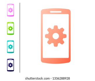 Coral Setting on smartphone screen icon on white background. Mobile phone and gear sign. Adjusting app, set options, repair, fixing phone concepts. Set icon in color buttons. Vector Illustration