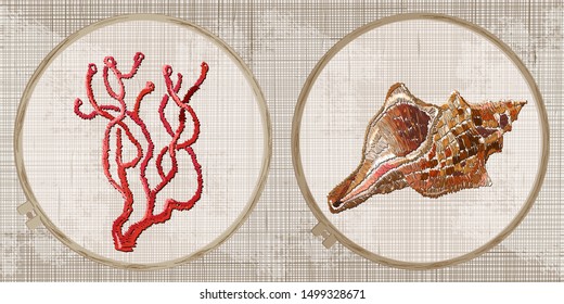 Coral and shell. Embroidery collection. Template tambour frame with a canvas, elements from stitches. Art for clothes 