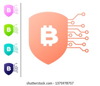Coral Shield with bitcoin icon isolated on white background. Cryptocurrency mining, blockchain technology, bitcoin, security, protect, digital money. Set color icons. Vector Illustration
