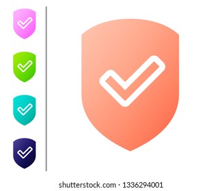 Coral Shield with check mark icon isolated on white background. Protection symbol. Security check Icon. Tick mark approved icon. Set icon in color buttons. Vector Illustration