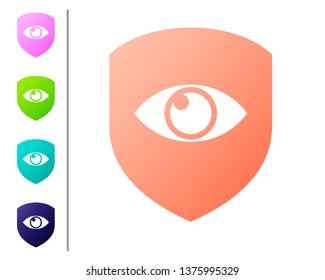 Coral Shield and eye icon isolated on white background. Security, safety, protection, privacy concept. Set color icons. Vector Illustration