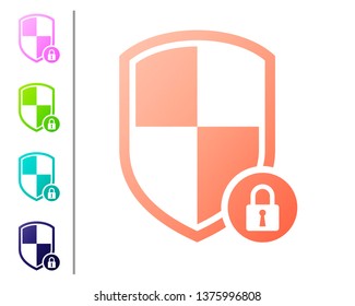 Coral Shield security with lock icon isolated on white background. Protection, safety, password security. Firewall access privacy sign. Set color icons. Vector Illustration
