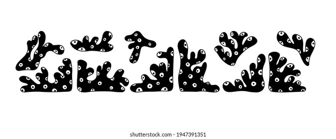 Coral. Conjunto de elementos de silueta, diseño de dibujos animados. Ilustración dibujada a mano negra de diferentes plantas de agua. Iconos vectoriales aislados planos, fondo blanco