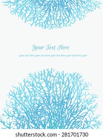 Coral silhouettes on the white background in turquoise colors. Vector colorful abstract background. Abstract invitation card with coral motif. Template frame design for card
