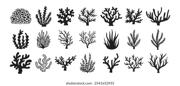 Coral silhouettes, seaweed black icon. Abstract organic corals shape, underwater plant, sea doodle. Cartoon marine floral isolated set . Vector illustration