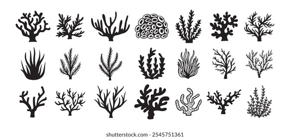 Silhuetas de coral, ícone preto de algas. Forma de corais orgânicos abstratos, planta subaquática, rabiscar do mar. Cartoon conjunto isolado floral marinho . Ilustração vetorial