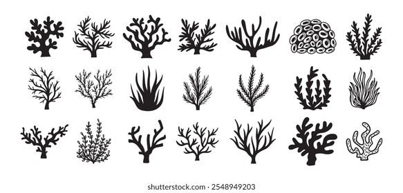 Coral silhouettes, seaweed black icon. Abstract organic corals shape, underwater plant, sea doodle. Cartoon marine floral isolated set . Vector illustration