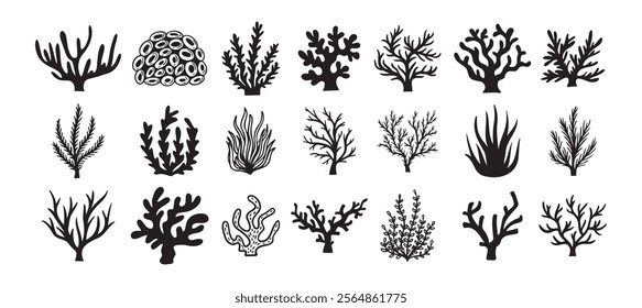 Coral silhouettes, seaweed black icon. Abstract organic corals shape, underwater plant, sea doodle. Cartoon marine floral isolated set . Vector illustration