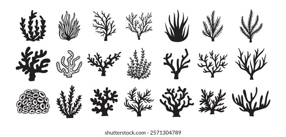 Coral silhouettes, seaweed black icon. Abstract organic corals shape, underwater plant, sea doodle. Cartoon marine floral isolated set . Vector illustration