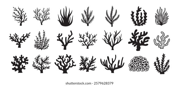 Coral silhouettes, seaweed black icon. Abstract organic corals shape, underwater plant, sea doodle. Cartoon marine floral isolated set . Vector illustration