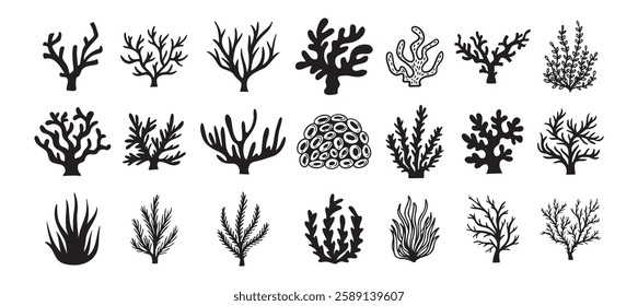 Coral silhouettes, seaweed black icon. Abstract organic corals shape, underwater plant, sea doodle. Cartoon marine floral isolated set . Vector illustration
