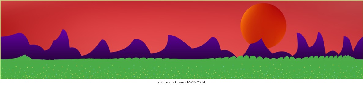 Coral sky, and mountains landscape. Fairy tale panoramic landscape. Landscape fable. Pure glass print fantasy. Horizon, chilly. Old game style.