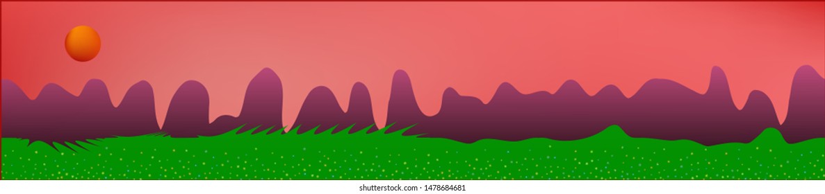 Coral sky, and mountains landscape. Fairy tale panoramic landscape. Landscape fable. Clear glass print fantasy. Horizon, modern. Old game style.