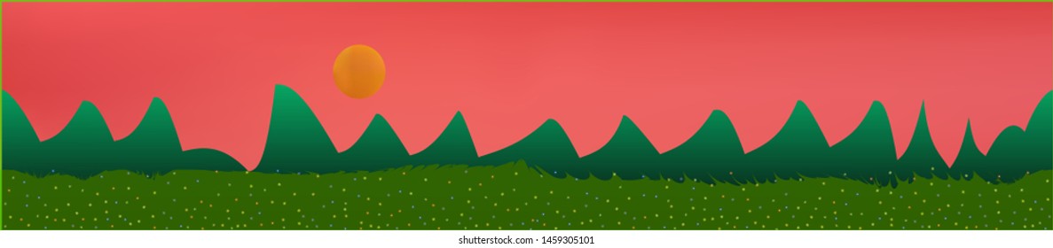 Coral sky, and mountains landscape. Game style panaramic pattern. Concept skinali mesh pattern. Pristine glass print fantasy. Horizon, smoot. Old game style.