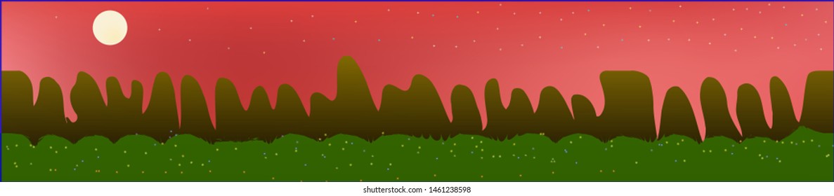 Coral sky, and mountains landscape. Game style panaramic pattern. Concept skinali mesh pattern. Pristine glass print fantasy. Horizon, bright. Old game style.