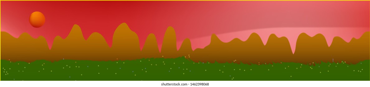 Coral sky, and mountains landscape. Light glass print panaramic design. Glass print skinali light and dark. Cool glass print fantasy. Horizon, bright. Old game style.
