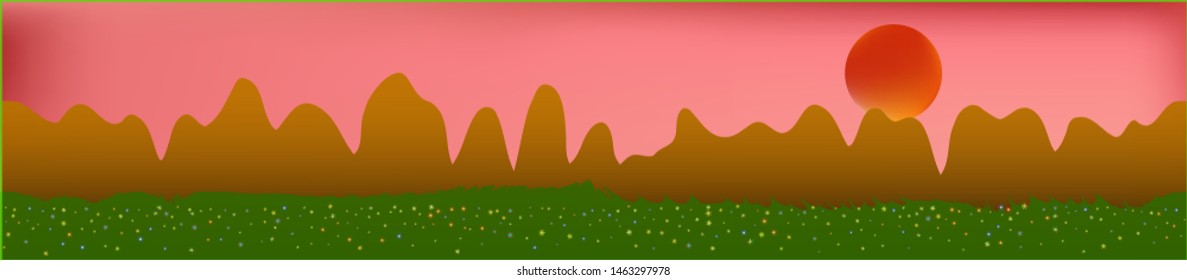 Coral sky, and mountains landscape. Light glass print panaramic design. Glass print skinali light and dark. Fresh glass print fantasy. Horizon, chilly. Old game style.