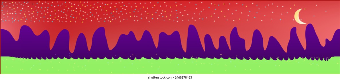 Coral sky, and mountains landscape. Light colorful skinali art design. Wide artistic view. New glass print fantasy. Horizon, modern. Old game style.