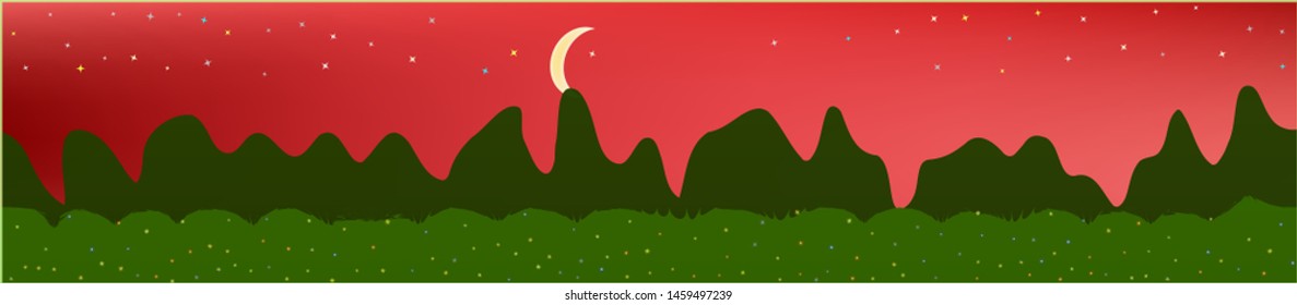 Coral sky, and mountains landscape. Panoramic horizontal design. Trendy panoramic design. Pure glass print fantasy. Horizon, blend. Old game style.
