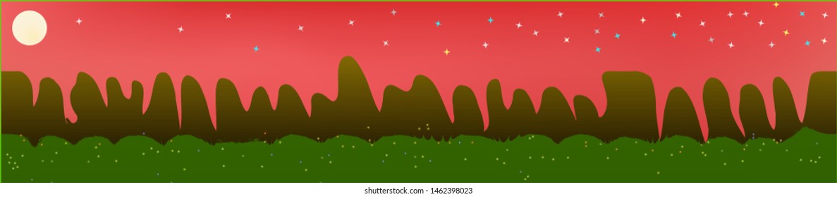 Coral sky, and mountains landscape. Panoramic horizontal design. Trendy panoramic design. New glass print fantasy. Horizon, chilly. Old game style.