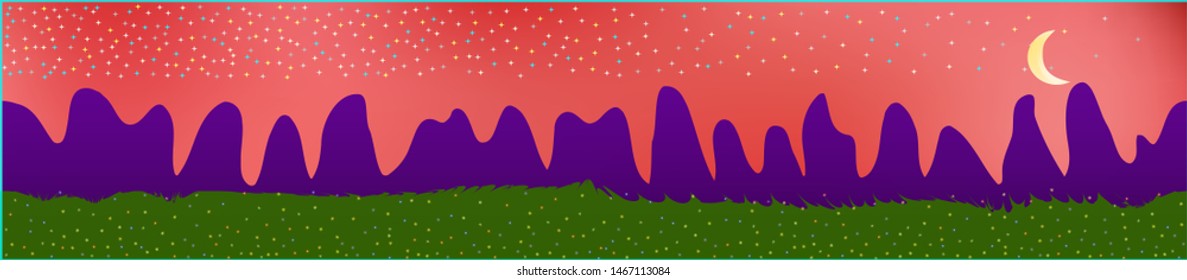 Coral sky, and mountains landscape. Panoramic horizontal design. Trendy panoramic design. Fresh glass print fantasy. Horizon, graphic. Old game style.
