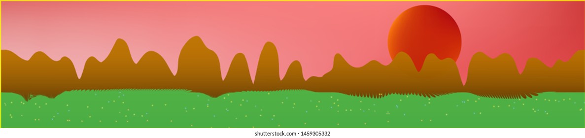 Coral sky, and mountains landscape. Plain horizontal background illustration. Trendy fairy tale plain design. Crisp glass print fantasy. Horizon, bright. Old game style.