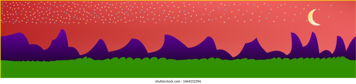 Coral sky, and mountains landscape. Plain horizontal background illustration. Trendy fairy tale plain design. Fresh glass print fantasy. Horizon, graphic. Old game style.