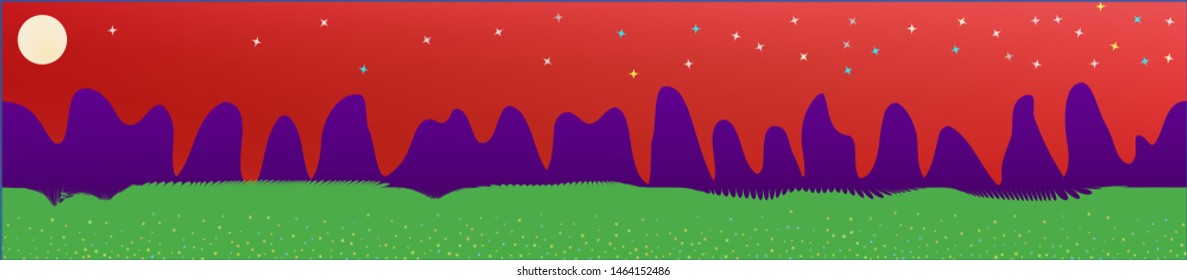 Coral sky, and mountains landscape. Texture background illustration design. Colorful new glass print design. New glass print fantasy. Horizon, light. Old game style.