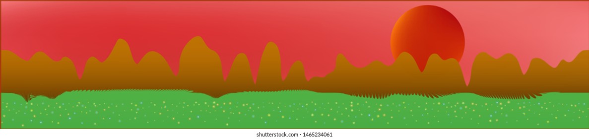 Coral sky, and mountains landscape. Texture background illustration design. Colorful new glass print design. Net glass print fantasy. Horizon, graphic. Old game style.
