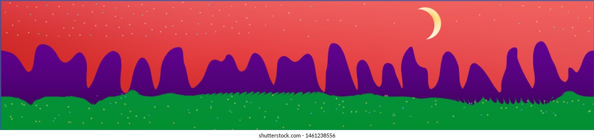 Coral sky, and mountains landscape. Wonderful landscape texture background. Colorful horizontal pattern texture. Breezy glass print fantasy. Horizon, blur. Old game style.