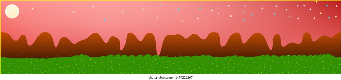 Coral sky, and mountains landscape. Wonderful landscape texture background. Colorful horizontal pattern texture. New glass print fantasy. Horizon, texture. Old game style.