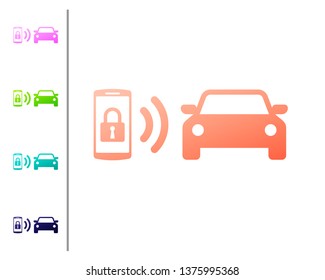 Coral Smart car alarm system icon isolated on white background. The smartphone controls the car security on the wireless. Set color icons. Vector Illustration