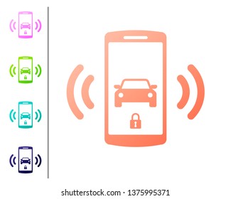 Coral Smart car alarm system icon isolated on white background. The smartphone controls the car security on the wireless. Set color icons. Vector Illustration