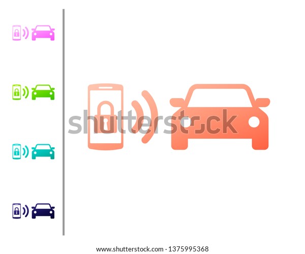 Coral Smart car alarm system\
icon isolated on white background. The smartphone controls the car\
security on the wireless. Set color icons. Vector\
Illustration