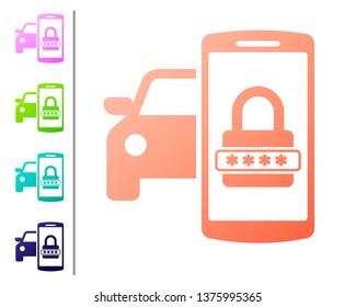 Coral Smart car security system icon isolated on white background. The smartphone controls the car security on the wireless. Set color icons. Vector Illustration