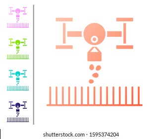 Coral Smart farm with drone control for seed planting icon isolated on white background. Innovation technology for agricultural company. Set color icons. Vector Illustration