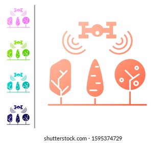 Coral Smart farm with drone control and tree icon isolated on white background. Innovation technology for agricultural company. Set color icons. Vector Illustration