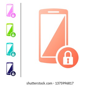 Coral Smartphone with closed padlock icon isolated on white background. Phone with lock. Mobile security, safety, protection concept. Set color icons. Vector Illustration