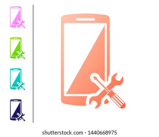 Coral Smartphone with screwdriver and wrench icon isolated on white background. Adjusting, service, setting, maintenance, repair, fixing. Set color icons. Vector Illustration