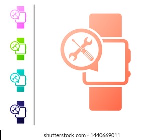 Coral Smartwatch with screwdriver and wrench icon isolated on white background. Adjusting, service, setting, maintenance, repair, fixing. Set color icons. Vector Illustration
