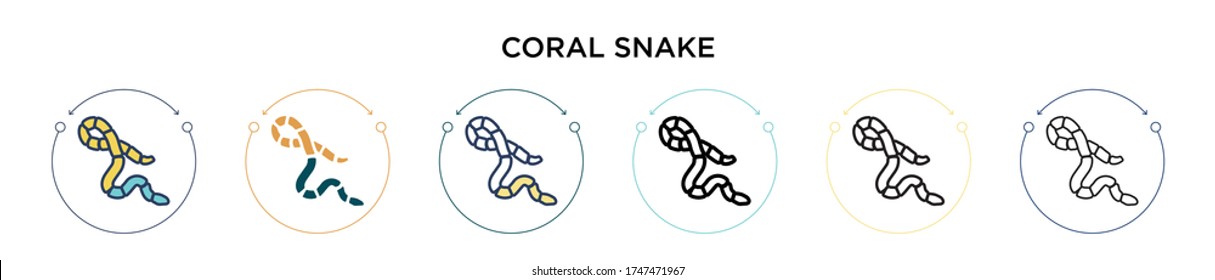 Coral snake icon in filled, thin line, outline and stroke style. Vector illustration of two colored and black coral snake vector icons designs can be used for mobile, ui, web