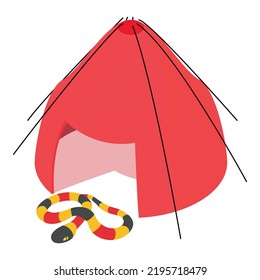 Coral snake icon isometric vector. Bright milk snake near open red camping tent. Camping, ecotourism, summer rest, recreation, danger