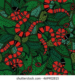 Coral snake, red striped snake on green botanical background.Red black white snake. Vector illustration, seamless pattern.