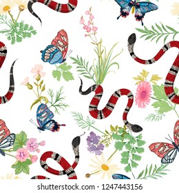 Coral snakes and tropical butterflies seamless Pattern. Snake fashion background for textile fabric, prints, wallpaper. Animal wildlife nature ornamental texture. Vector illustration