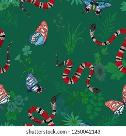 Coral snakes and tropical butterflies seamless Pattern. Snake fashion background for textile fabric, prints, wallpaper. Animal wildlife nature ornamental texture. Vector illustration