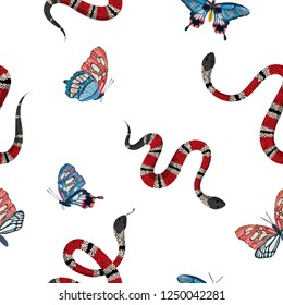 Coral snakes and tropical butterflies seamless Pattern. Snake fashion background for textile fabric, prints, wallpaper. Animal wildlife nature ornamental texture. Vector illustration