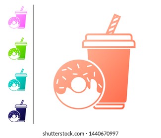 Coral Soda drink with drinking straw and donut icon isolated on white background. Fast food symbol. Set color icons. Vector Illustration