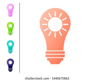 Coral Solar energy icon isolated on white background. Sun and light bulb. Set color icons. Vector Illustration